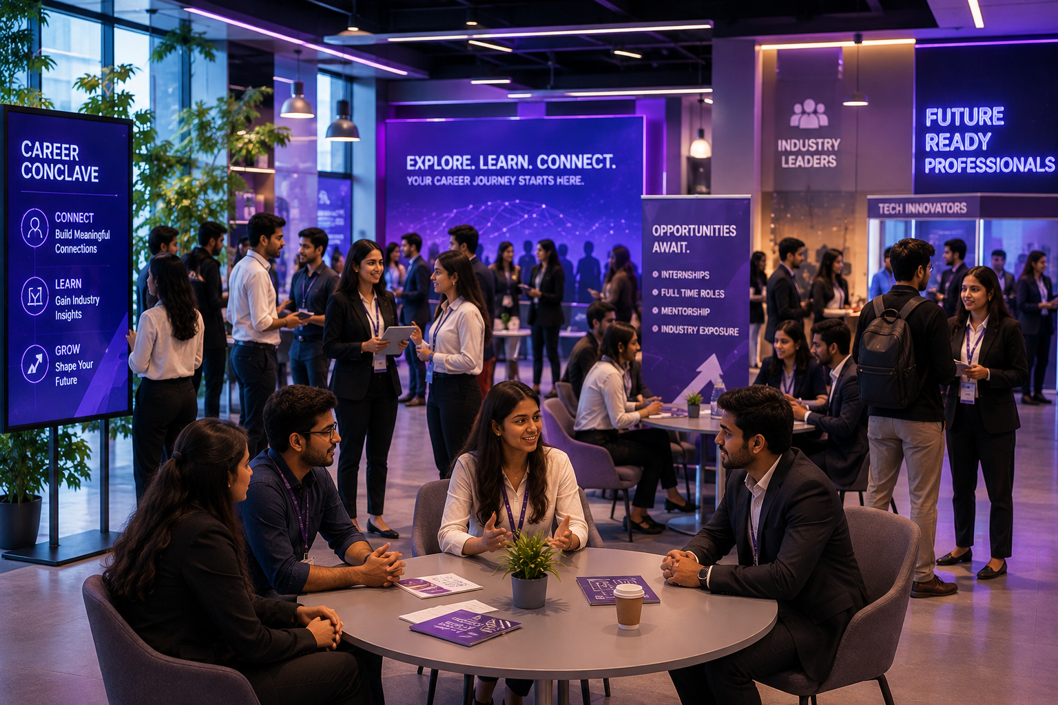 A modern career conclave with students, mentors and recruiters networking